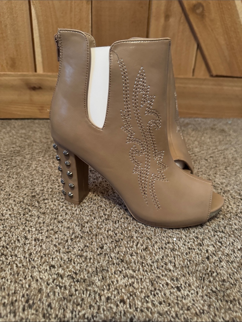 Peep-Toe Block Heels in Taupe with Star Stitching